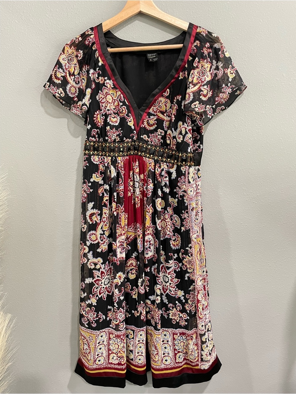 Womens Boho Peasant Flowy Floral V Neck Beaded Waist Dress (8)